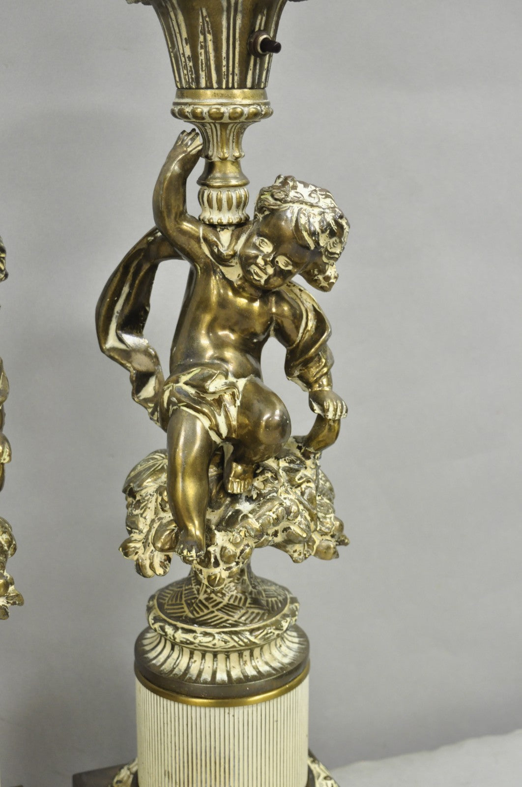 Vintage Hollywood Regency French Style Figural Cherub Metal Table Lamps - a Pair