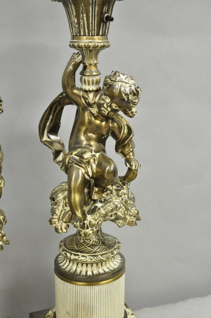 Vintage Hollywood Regency French Style Figural Cherub Metal Table Lamps - a Pair