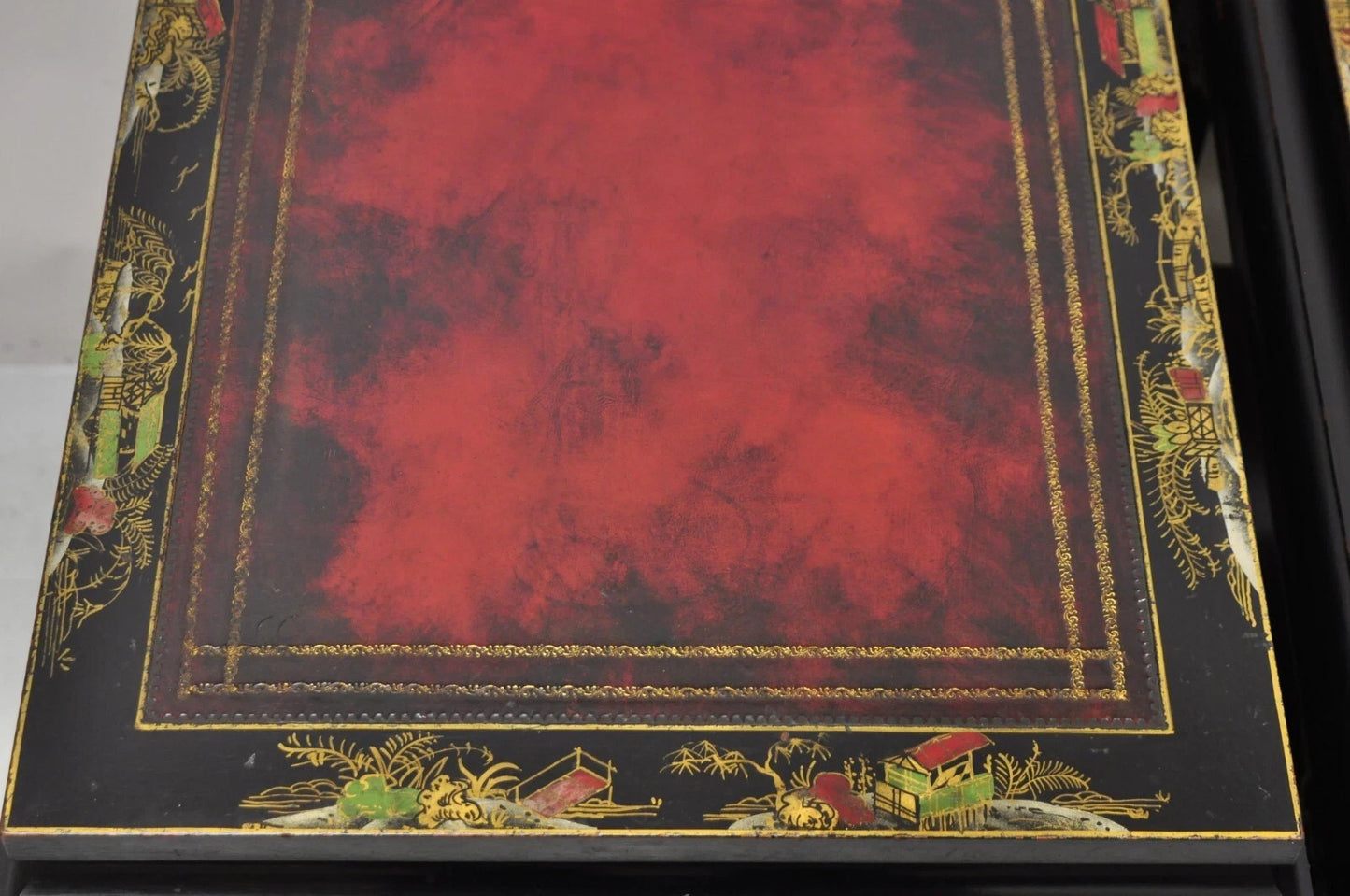 Vintage Chinoiserie Black Lacquered Red Leather Top 2 Tier End Tables - a Pair