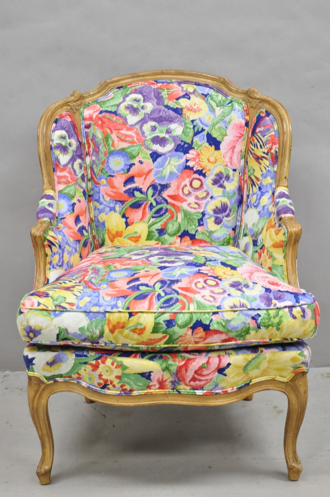 Vintage French Louis XV Country Provincial Floral Chintz Bergere Lounge Chair