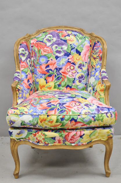 Vintage French Louis XV Country Provincial Floral Chintz Bergere Lounge Chair