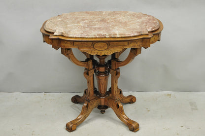 Antique Eastlake Victorian Carved Walnut Marble Top Parlor Lamp Side Table
