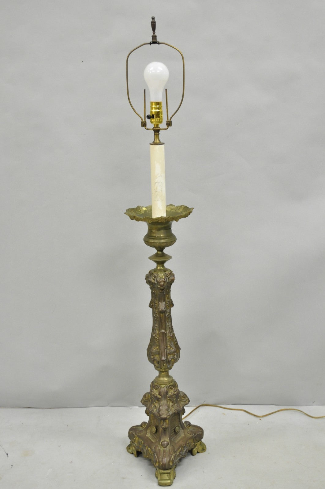 Antique French Renaissance Figural Brass Repousse Tall Candlestick Table Lamp