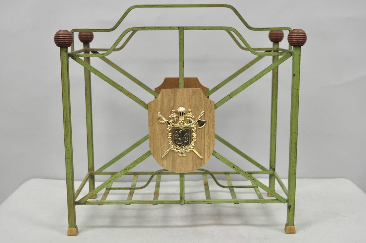 Vintage Italian Neoclassical Green Wrought Iron Book Magazine Rack w/ Shield