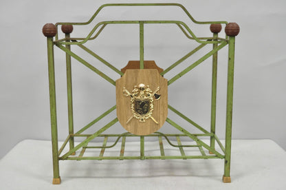 Vintage Italian Neoclassical Green Wrought Iron Book Magazine Rack w/ Shield