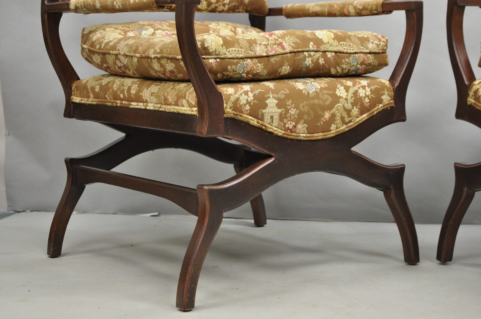 Vintage Hollywood Regency Curule Wooden X-Frame Lounge Arm Chairs - a Pair