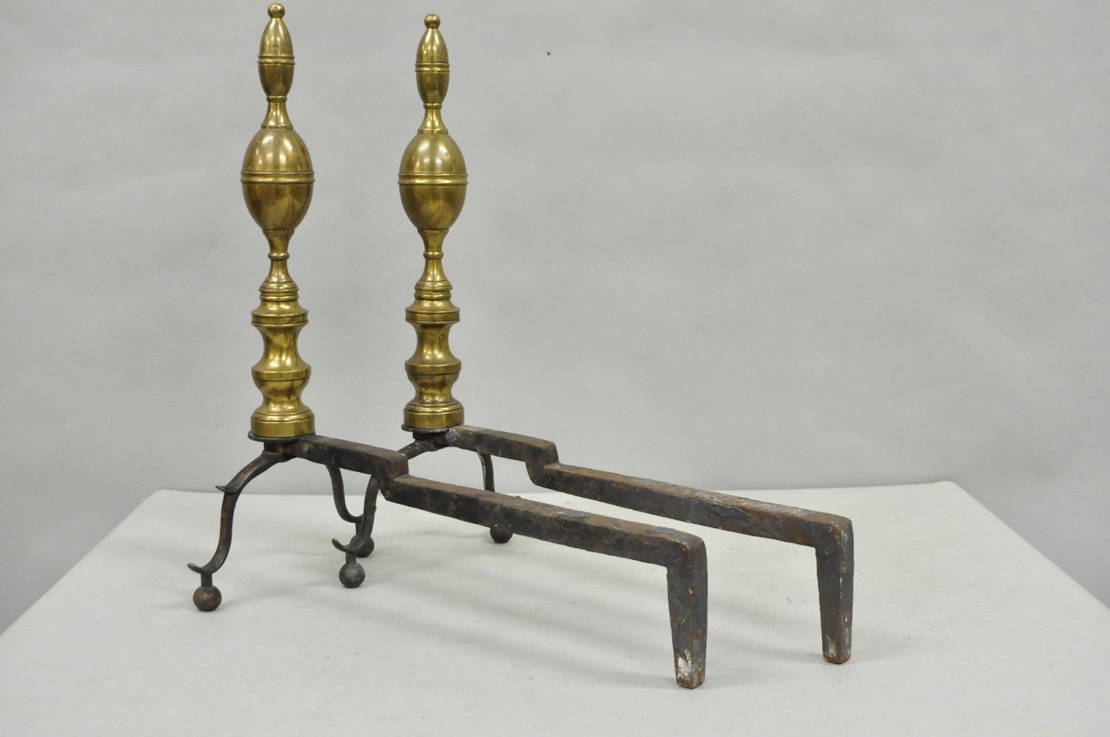 Antique English Federal Brass Branch Leg Cast Iron Fireplace Andirons - a Pair