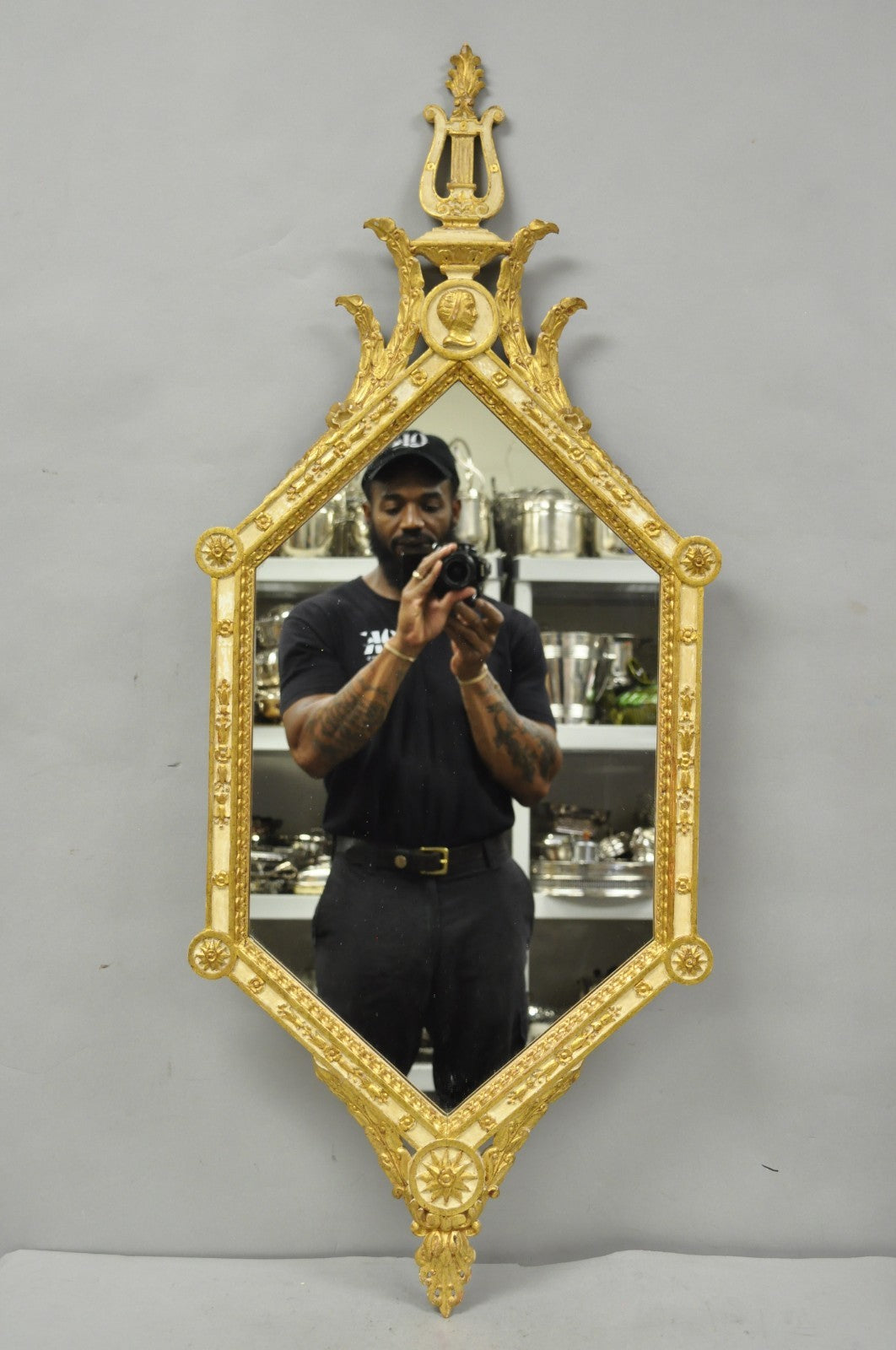 Vintage Italian Neoclassical Style Cream & Gold Gilt Carved Wood Wall Mirror