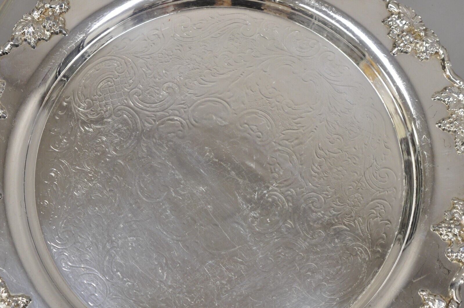 Antique English Victorian Silver Plated Grapevine Round Serving Platter Tray