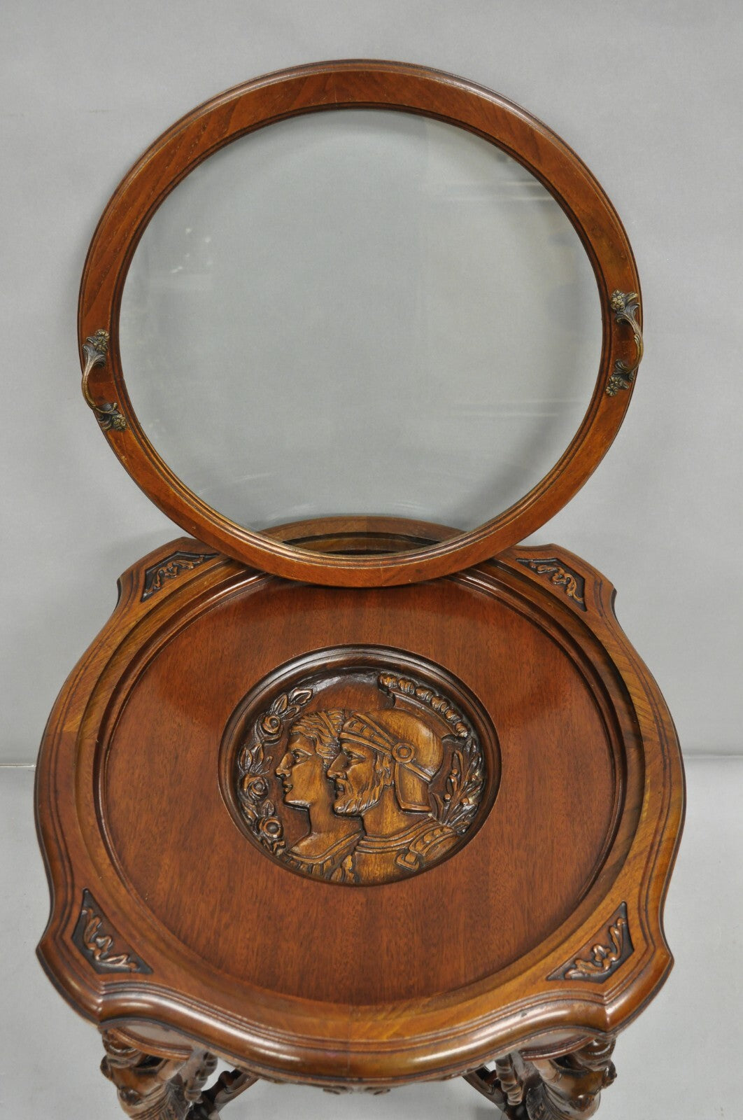 Antique French Renaissance Carved Female Dancer Walnut Display Tray Coffee Table