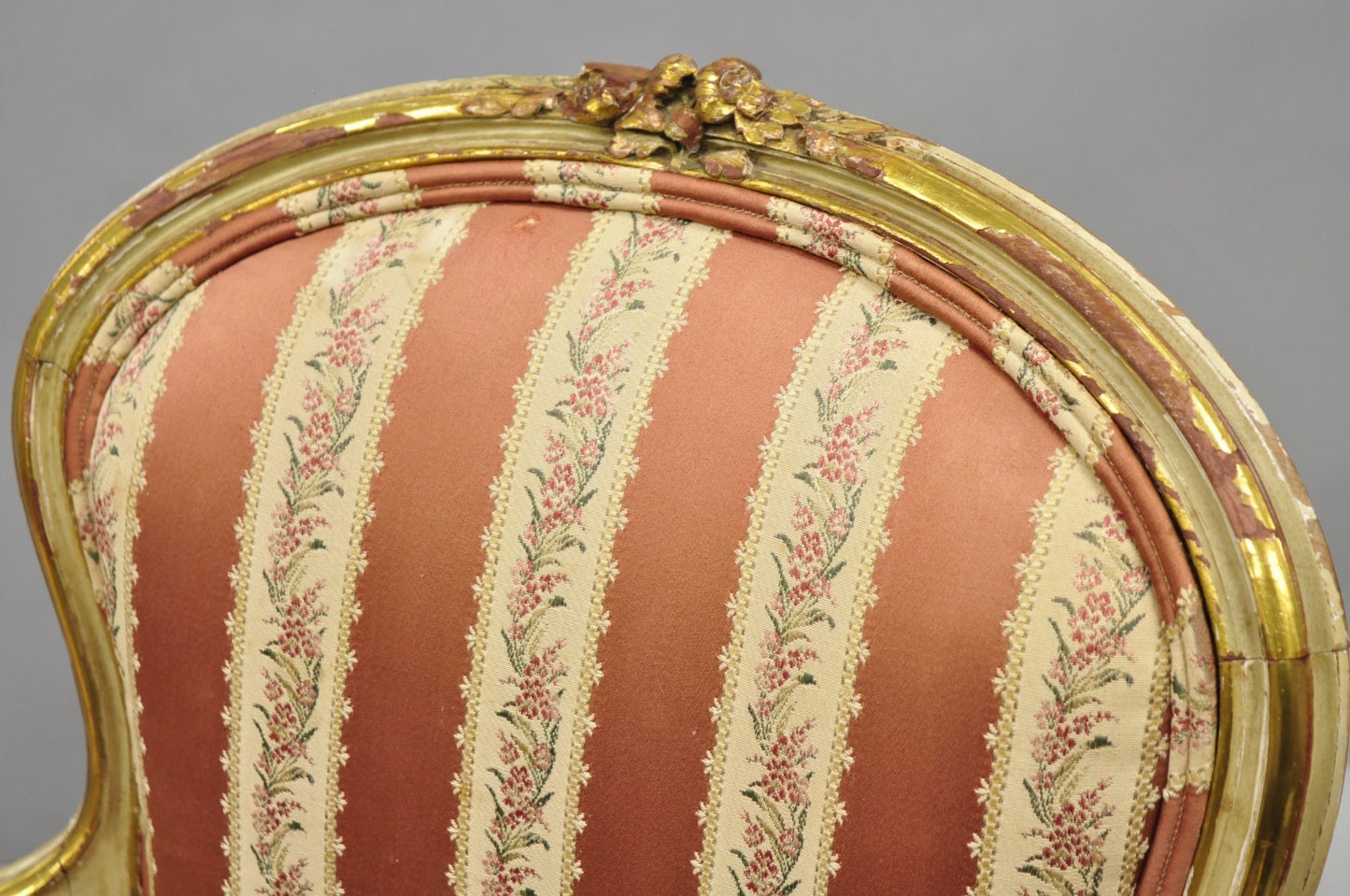 Antique French Louis XV Style Gold Giltwood Pink Stripe Fauteuil Arm Chair, Pair