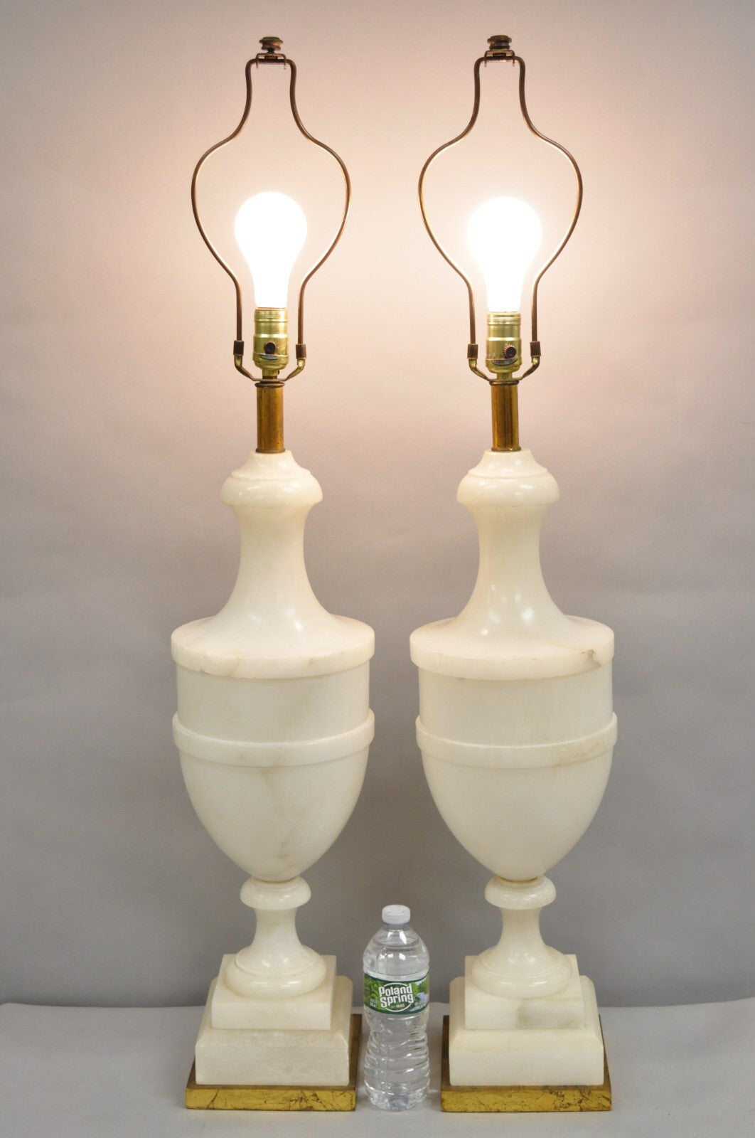 Italian Neoclassical Large Carved Solid Alabaster Marble Urn Table Lamps - Pair