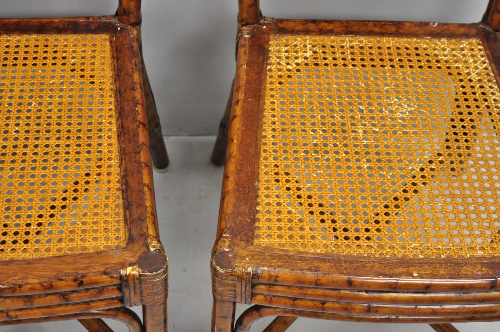 Hollywood Regency British Colonial Burnt Bamboo Cane Dining Chairs - Set of 4