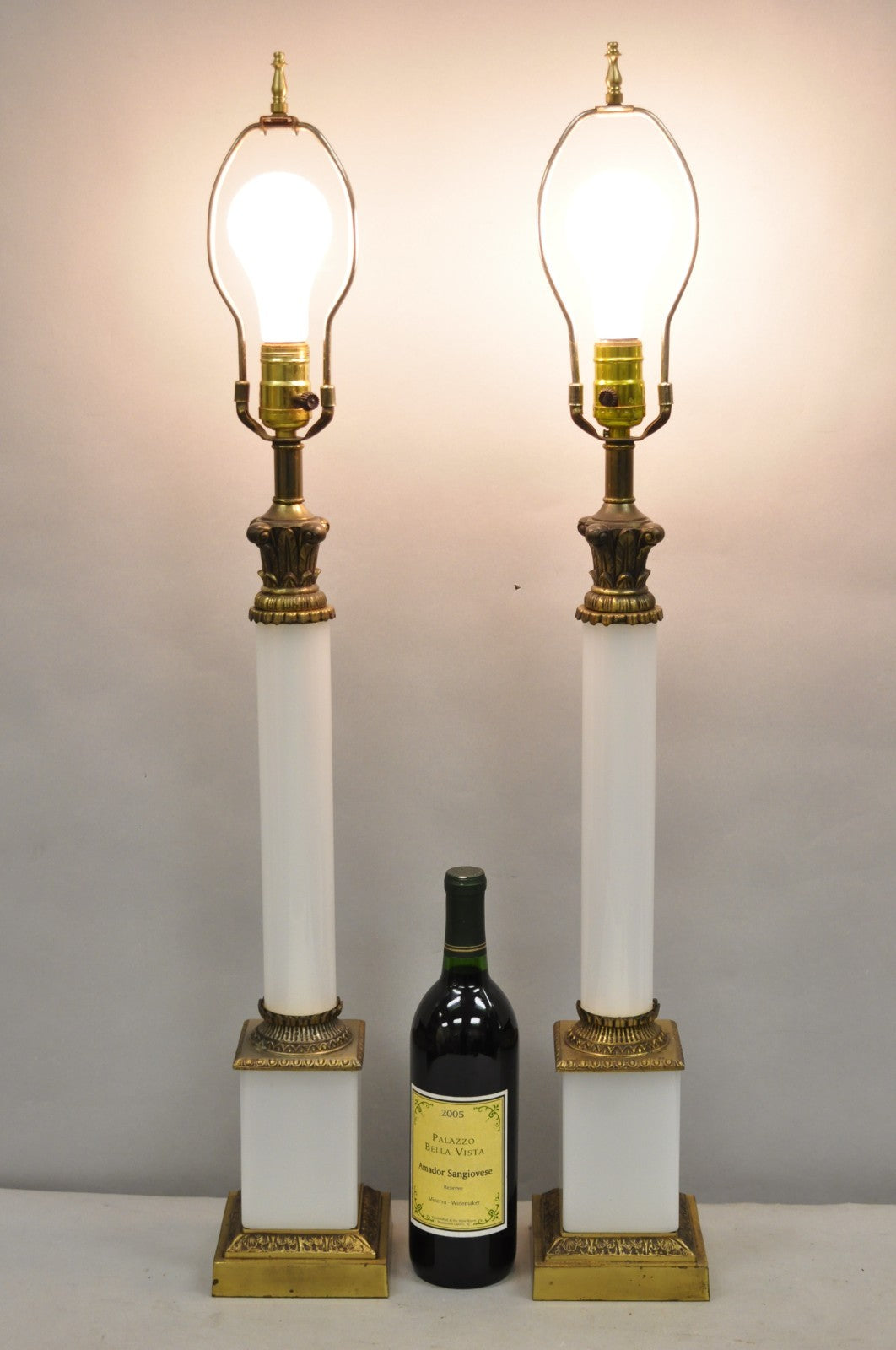 Vintage French Empire Neoclassical White Milk Glass Column Table Lamps - a Pair