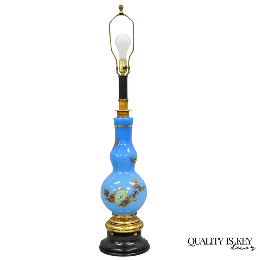 Vintage Chinoiserie James Mont Style Blue Glass Gold Gilt Tall Table Lamp