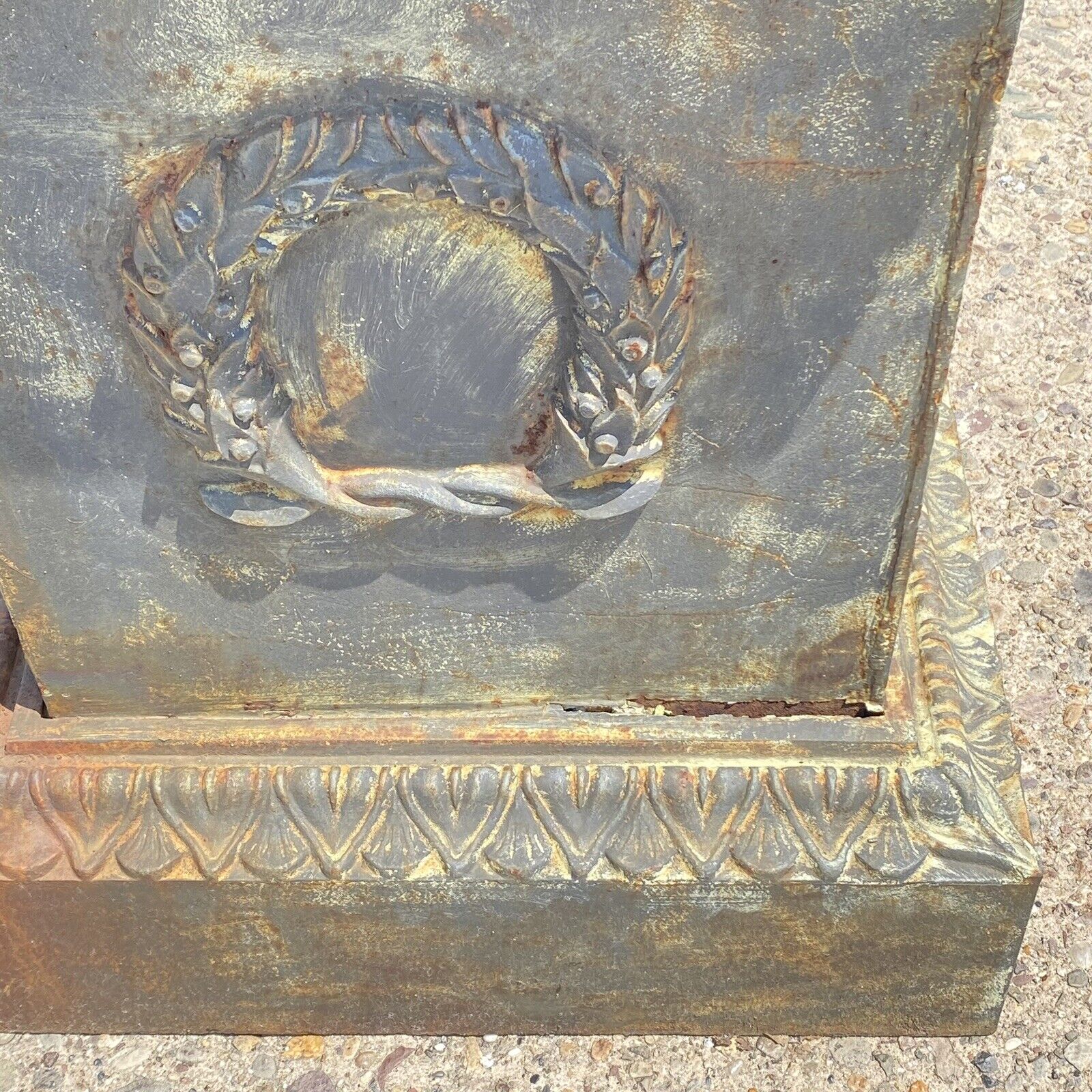 Large Neoclassical Style Cast Iron Garden Planter Urn Pedestal Base w/ Wreath A