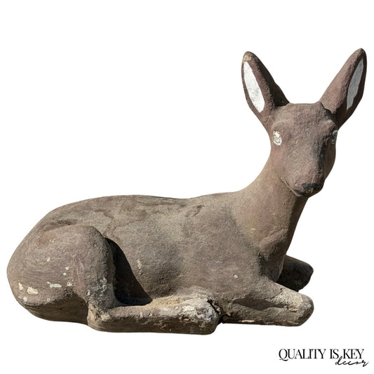 Vintage Reclining Fawn Seated Deer Small 16" Cement Concrete Stone Garden Statue