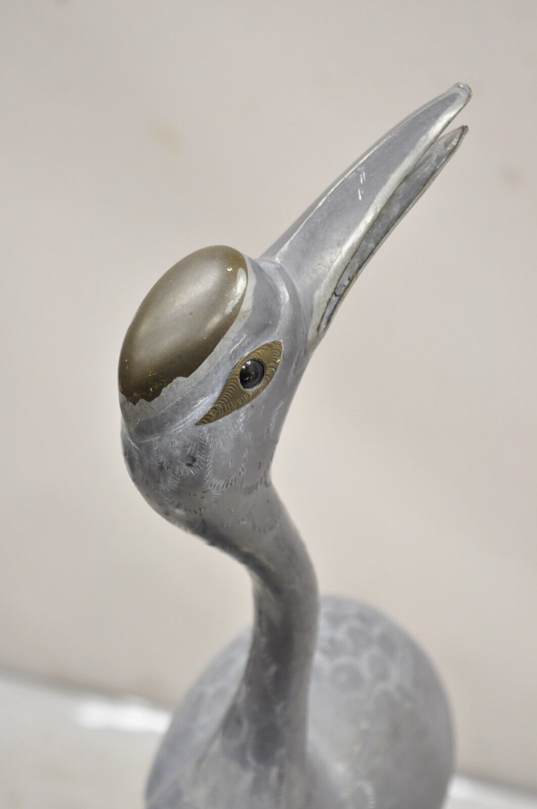 Vintage Hollywood Regency Pewter Metal 27" Crane Bird Statue Hong Kong