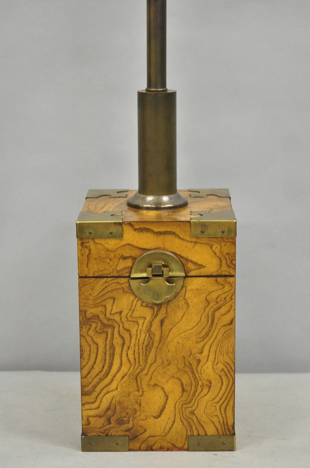 Vintage Campaign Style Burl Wood & Brass Faux Tea Box Table Lamp by Knob Creek