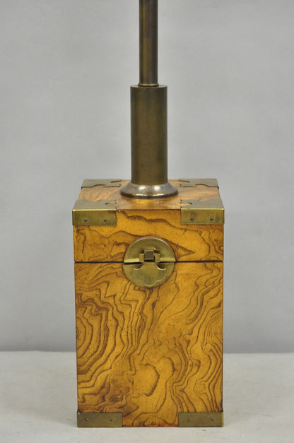 Vintage Campaign Style Burl Wood & Brass Faux Tea Box Table Lamp by Knob Creek