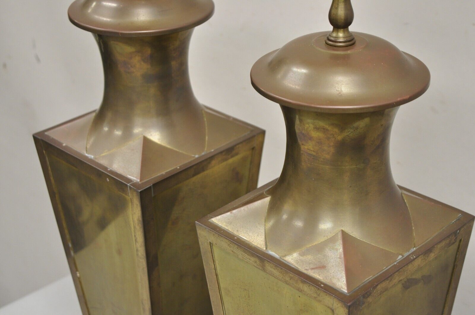 Chinoiserie Patinated Brass Square Jardiniere Table Lamp by Wildwood - a Pair