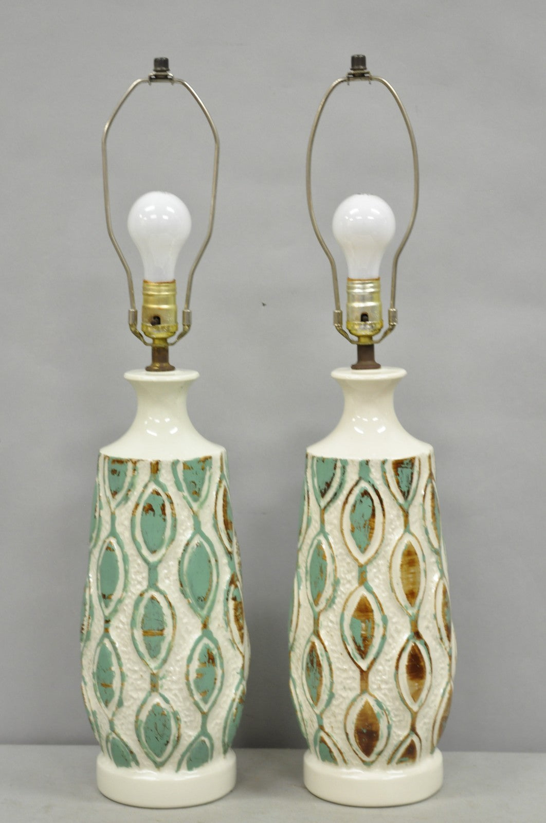 Vintage Mid Century Modern Turquoise Blue White Ceramic Pottery Table Lamp Pair