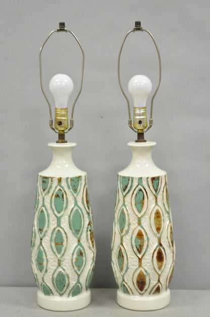 Vintage Mid Century Modern Turquoise Blue White Ceramic Pottery Table Lamp Pair