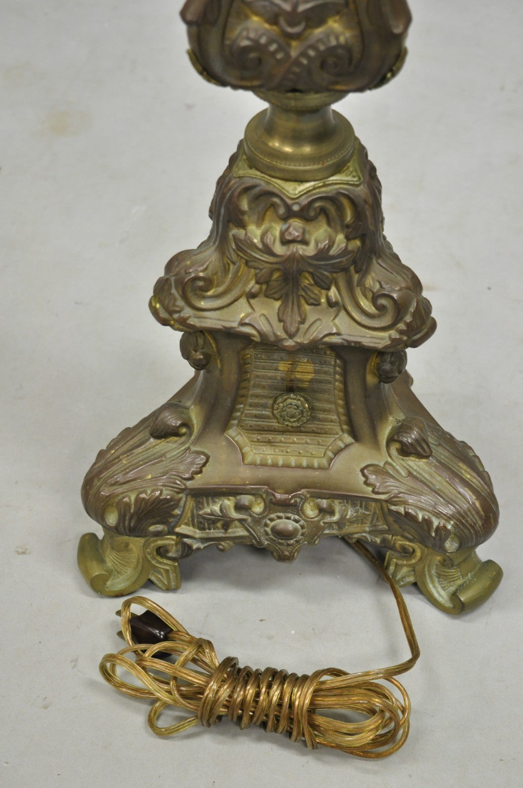 Antique French Renaissance Figural Brass Repousse Tall Candlestick Table Lamp