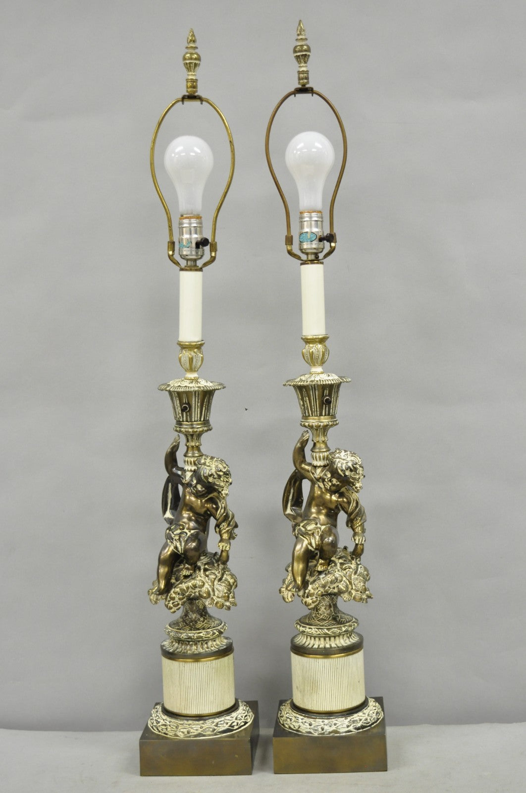 Vintage Hollywood Regency French Style Figural Cherub Metal Table Lamps - a Pair