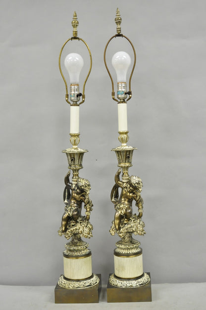 Vintage Hollywood Regency French Style Figural Cherub Metal Table Lamps - a Pair