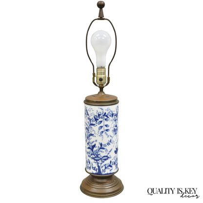 Antique Chinoiserie Blue and White Porcelain Jardiniere Bird & Vine Table Lamp