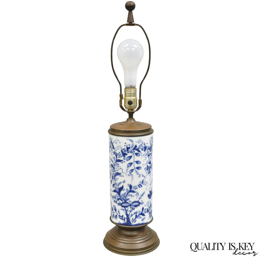 Antique Chinoiserie Blue and White Porcelain Jardiniere Bird & Vine Table Lamp