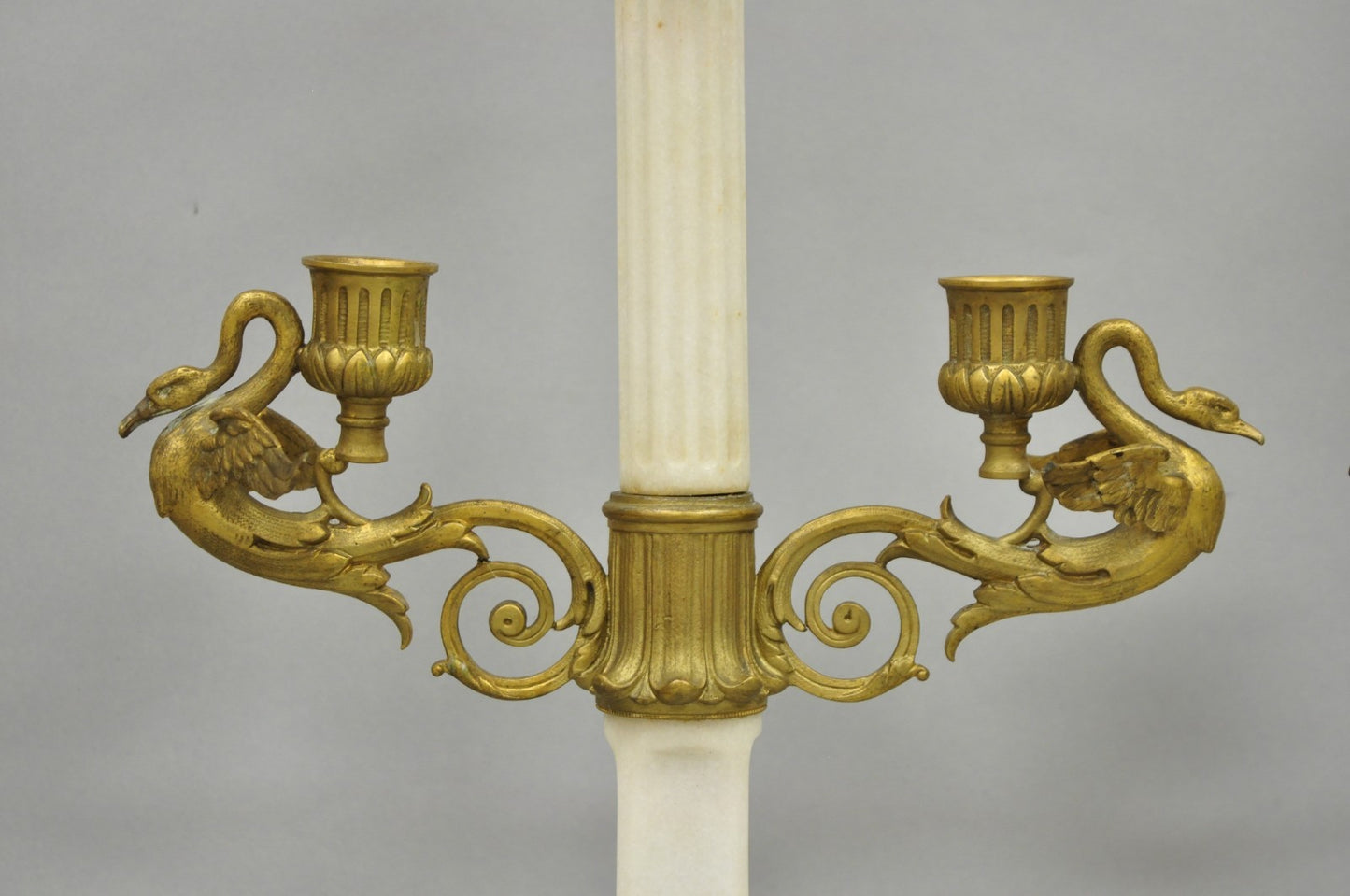 Antique French Neoclassical Bronze Swans Cherub Marble Column Candelabras - Pair