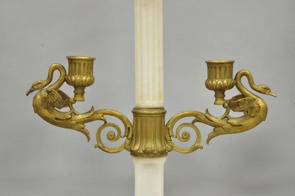 Antique French Neoclassical Bronze Swans Cherub Marble Column Candelabras - Pair