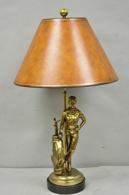 Vintage Maitland Smith Bronze Figure Golfer Sculpture Table Lamp w Leather Shade