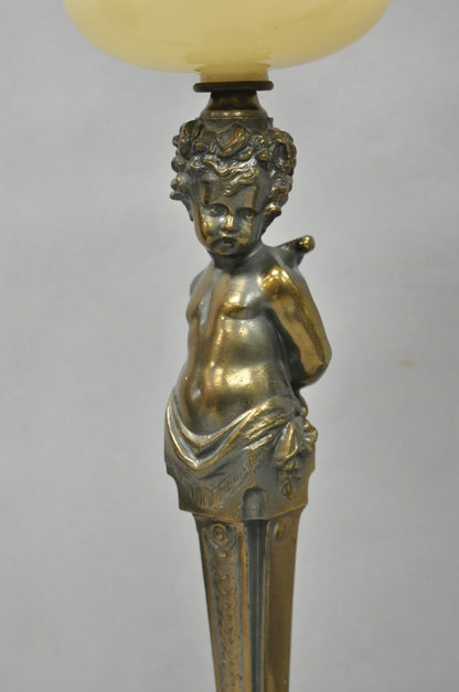 Vintage French Renaissance Brass Cherub Putti Column Cream Glass Table Lamp Pair