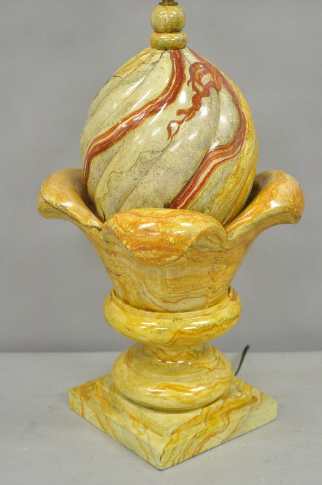 Vintage Hollywood Regency Faux Marble Orange Lacquered Wood Artichoke Table Lamp