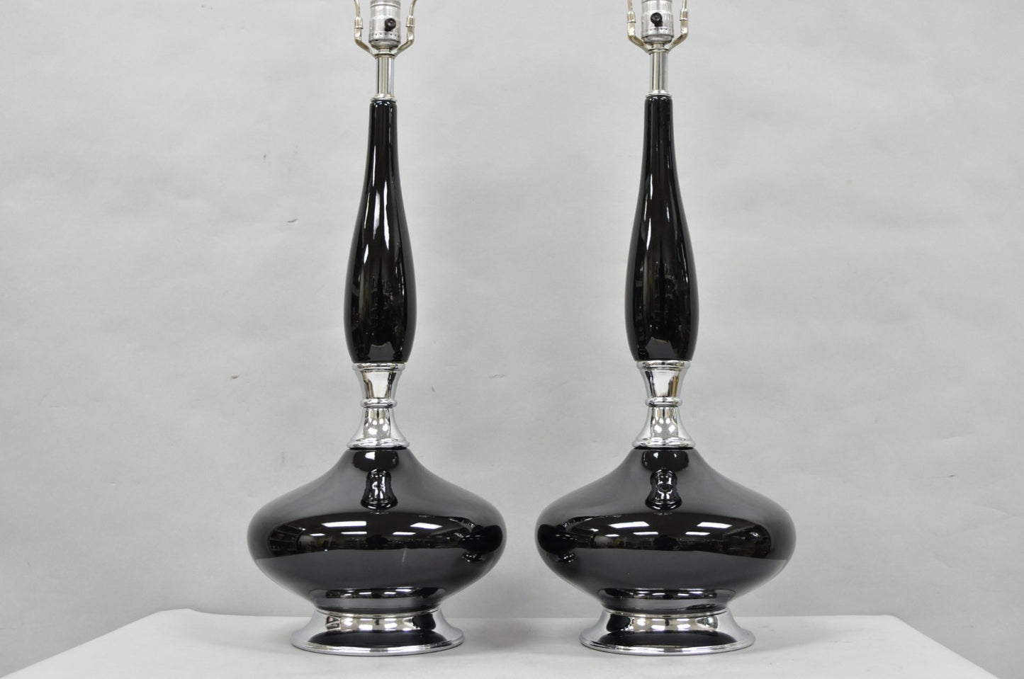 Vintage Mid Century Modern Black Glazed Ceramic & Chrome Table Lamps - a Pair