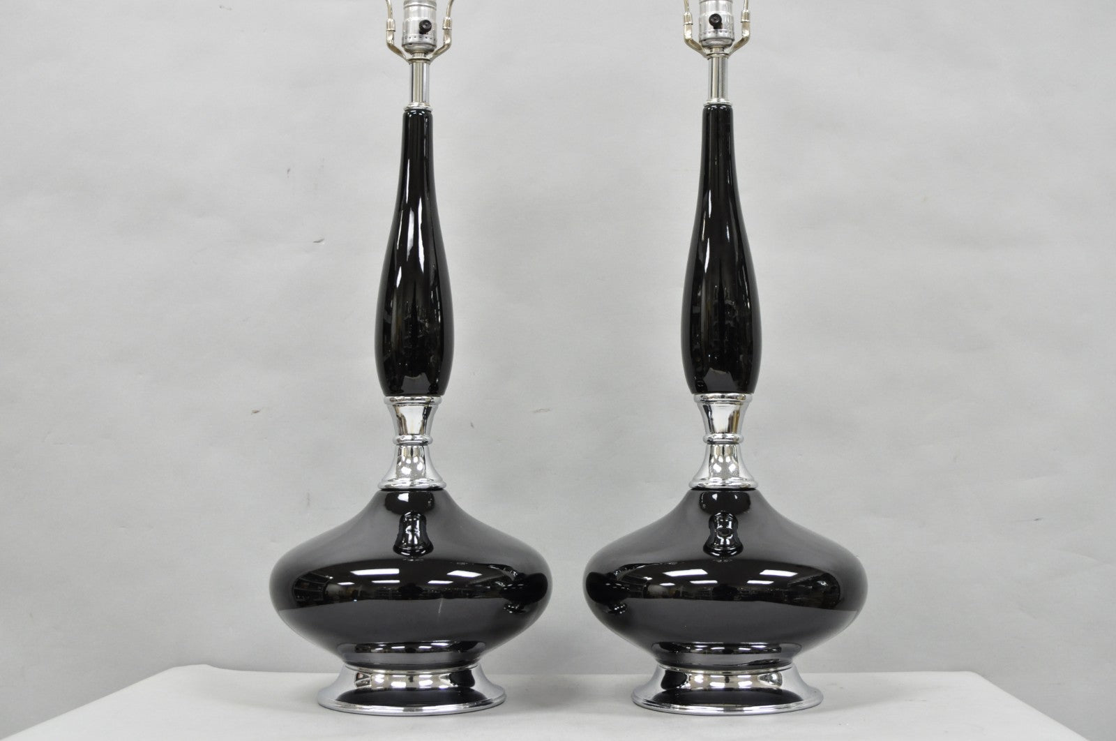 Vintage Mid Century Modern Black Glazed Ceramic & Chrome Table Lamps - a Pair