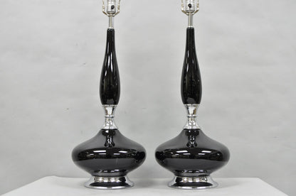 Vintage Mid Century Modern Black Glazed Ceramic & Chrome Table Lamps - a Pair