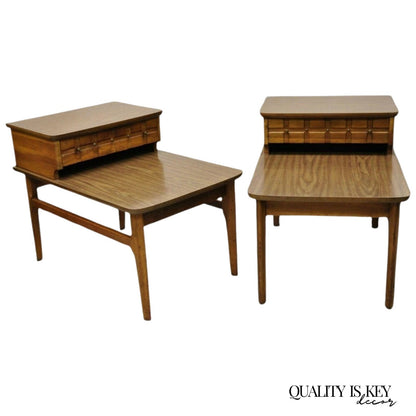 Mersman Mid Century Modern Walnut and Laminate Step Up Side End Tables - a Pair