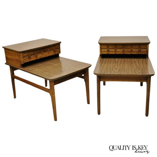 Mersman Mid Century Modern Walnut and Laminate Step Up Side End Tables - a Pair