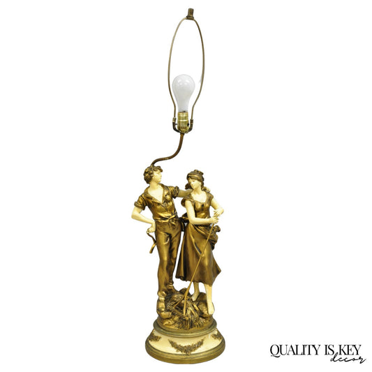 Antique French Renaissance Moreau Figural Metal Table Lamp, Wife & Farmer