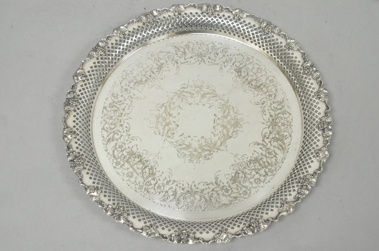 Vintage EG Webster & Son Silver Plated Grapevine Round Bar Serving Platter Tray