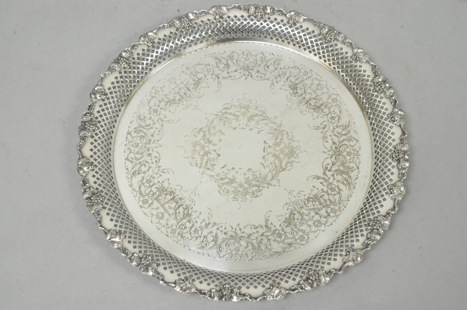 Vintage EG Webster & Son Silver Plated Grapevine Round Bar Serving Platter Tray
