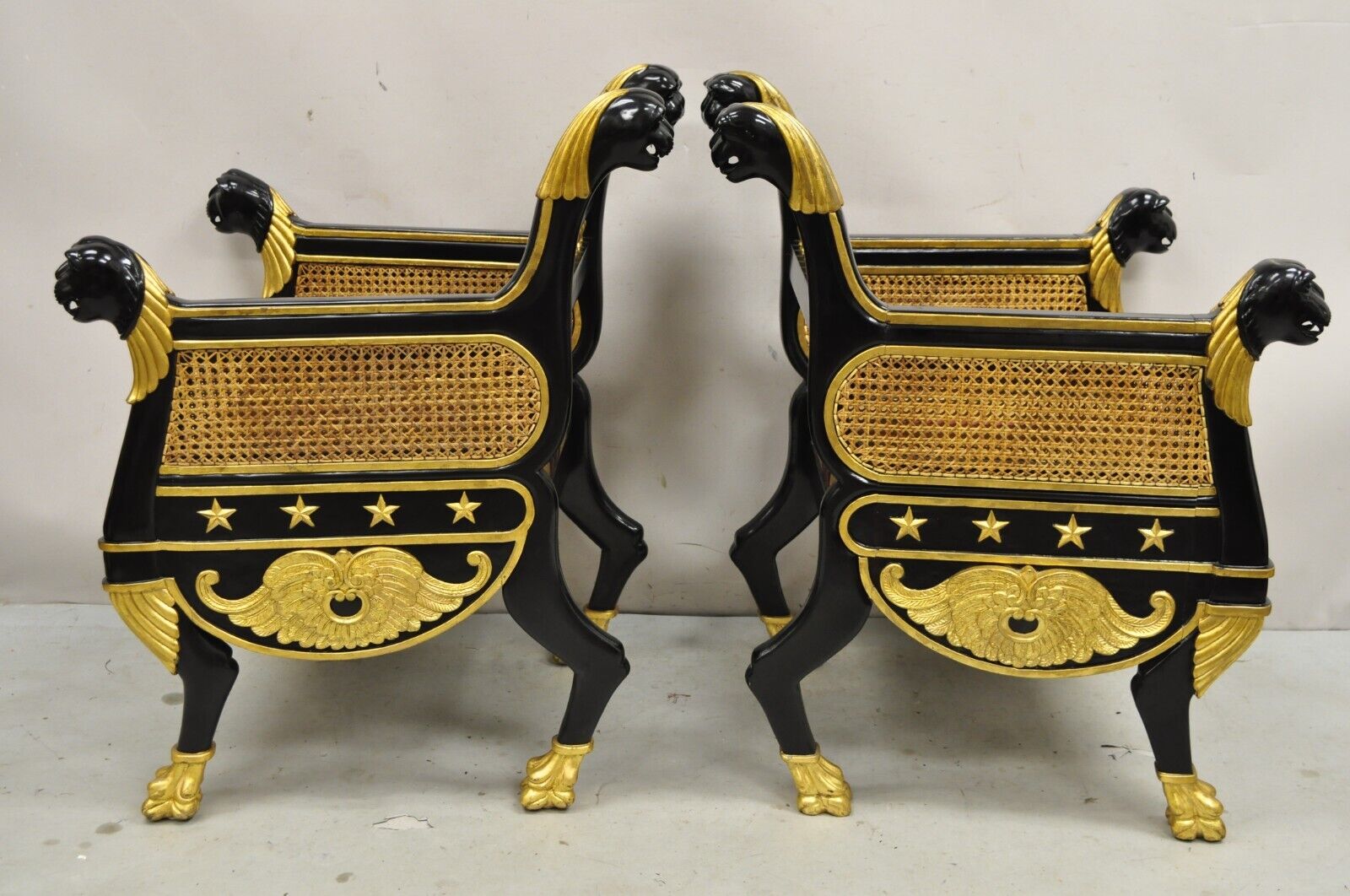 Egyptian Revival Regency Black Ebonized Gold Gilt Lion Head Throne Chairs - Pair