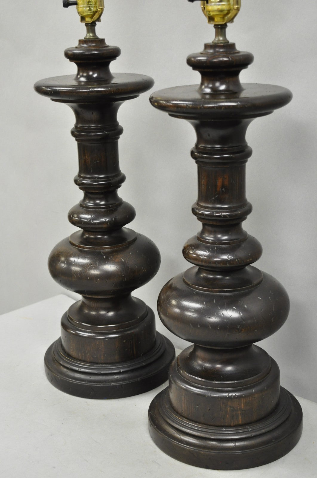 Vintage French Country Farmhouse Distressed Solid Carved Wood Table Lamps - Pair