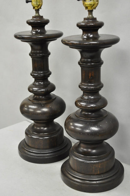 Vintage French Country Farmhouse Distressed Solid Carved Wood Table Lamps - Pair