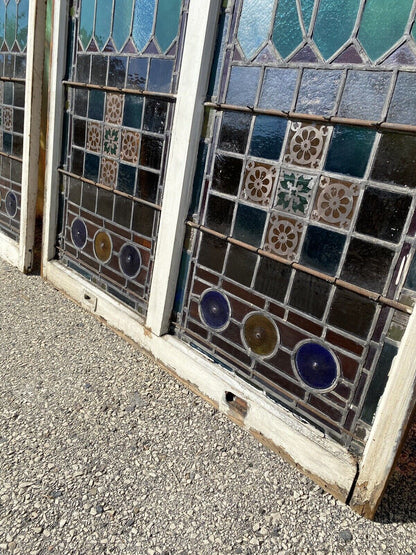 Antique Victorian 70 x 48 Double Stained Glass Window Pink Blue Green Jeweled