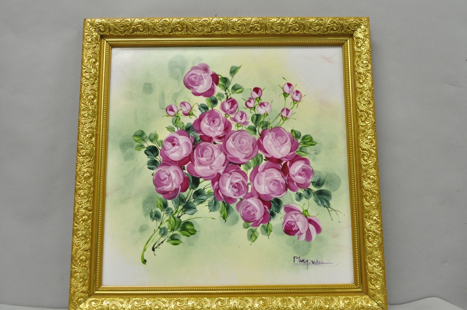 Mary Wilson French Hand Painted Porcelain Plaque Pink Rose Flower Painting (A)